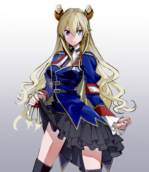 1girl armband black_necktie blonde_hair blue_eyes breasts clothes_lift code_geass code_geass:_boukoku_no_akito cone_hair_bun double_bun hair_bun highres leila_malcal long_hair looking_at_viewer medium_breasts military_uniform necktie red_armband simple_background skirt skirt_lift sleeves_past_wrists solo thighhighs upper_body yagisawa_teru zettai_ryouiki
