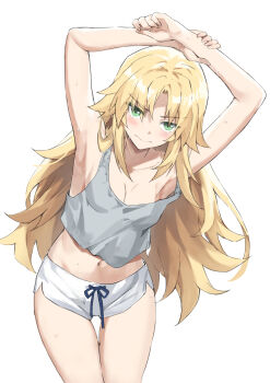 1girl armpits blonde_hair breasts camisole cleavage closed_mouth collarbone fate/apocrypha fate_(series) green_eyes grey_camisole highres long_hair medium_breasts midriff mordred_(fate) mordred_(fate/apocrypha) navel revision short_shorts shorts simple_background solo standing thighs tonee very_long_hair white_background white_shorts