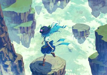 1girl absurdres back_bow black_hat blue_bow blue_hair boots bow brown_boots commentary english_commentary floating_island food frilled_skirt frills fruit_hat_ornament hat hat_ornament highres hinanawi_tenshi kaname-ishi landscape leaf_hat_ornament long_hair mixed-language_commentary outdoors peach_hat_ornament puffy_short_sleeves puffy_sleeves rainbow_gradient rainbow_order ribbon rope shide shimenawa shirt short_sleeves skirt sky solo suteruko touhou very_long_hair white_shirt