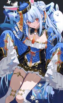 1girl animal_ears blue_hair blue_robe braid braided_bun breasts choppy_bangs cleavage cropped_legs detached_collar detached_sleeves double_bun frilled_sleeves frills hair_bun highres hololive jiangshi_costume kygraffiti long_sleeves open_mouth orange_eyes pleated_skirt rabbit_ears robe sidelocks sitting skirt sleeves_past_fingers sleeves_past_wrists star_(symbol) star_in_eye symbol_in_eye talisman thick_eyebrows usada_pekora virtual_youtuber