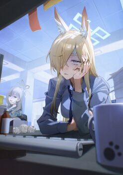 2girls absurdres animal_ears blonde_hair blue_archive blue_shirt ceiling coffee_mug cold_pack collared_shirt commentary_request computer_keyboard cup dog_ears flatshi hair_over_one_eye halo hand_on_own_cheek hand_on_own_face head_rest highres indoors kanna_(blue_archive) konoka_(blue_archive) long_hair long_sleeves mug multiple_girls necktie one_eye_covered parted_lips sanpaku shirt solo_focus sweatdrop tile_ceiling tiles turn_pale used_tissue