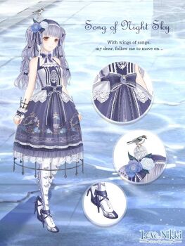 1girl animal animal_on_head artist_request ascot bare_shoulders beads bird bird_on_head birdcage blue_bow blue_bowtie blue_dress blue_flower blue_headscarf blue_rose blue_shoes bow bowtie brooch brown_eyes building cage character_name close-up closed_mouth copyright_logo day dot_nose dress english_text floral_print flower frilled_bow frilled_wrist_cuffs frills full_body grey_hair hair_beads hair_bow hair_ornament happy hat hat_flower headscarf heart heart_print high_heels jewelry lace lace-trimmed_dress lace-trimmed_headwear lace_trim light_blush light_particles logo lolita_fashion long_hair medium_dress miracle_nikki multiple_hair_bows nikki_(series) official_art on_head outdoors pantyhose pleated_dress pool print_dress print_pantyhose reflection reflective_liquid rose shoes sleeveless sleeveless_dress smile solo song_of_night_sky_(miracle_nikki) standing stiletto_heels tareme third-party_source twintails very_long_hair waist_bow wavy_hair white_ascot white_pantyhose white_wrist_cuffs wrist_bow wrist_cuffs