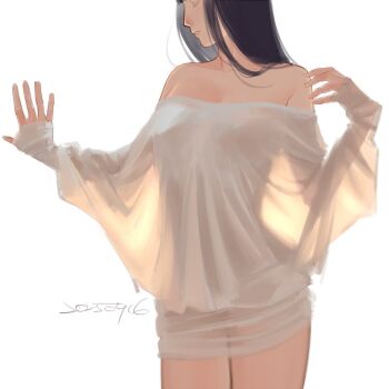 1girl alternate_costume bare_shoulders black_hair blunt_bangs breasts cleavage closed_eyes cowboy_shot dated derivative_work hanchu27 highres hyuuga_hinata long_hair medium_breasts naruto_(series) off-shoulder_shirt off_shoulder parted_lips see-through_silhouette shirt solo white_background white_shirt