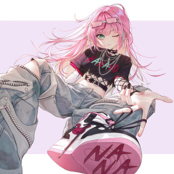 1girl alternate_costume bandaid bandaid_on_hand black_shirt chain chain_necklace character_name closed_mouth commentary crop_top cross_pendant denim ear_chain egen_tee eyewear_on_head fang fishnet_top fishnets floating_hair foot_out_of_frame foreshortening glasses green_eyes hanako_nana highres jeans jewelry linked_piercing long_hair looking_at_viewer midriff multicolored_shoes navel necklace one_eye_closed pants piercing pink_hair reaching reaching_towards_viewer shirt shoes short_sleeves skin_fang sneakers solo stellive torn_clothes torn_shirt unzipped virtual_youtuber zipper zipper_pull_tab