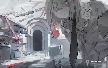 Rule 34 | 1girl, absurdres, aiamu iamu, bag, black necktie, bob cut, closed mouth, commentary request, english text, grey hair, grey jacket, hair between eyes, highres, indoors, jacket, ladder, leaning forward, looking at viewer, necktie, original, red pupils, scenery, short hair, solo, watermark