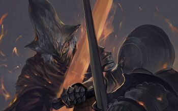 Rule 34 | 2others, abyss watcher, armor, ashen one (dark souls), black sclera, brown cape, cape, colored sclera, commentary request, crossed swords, dark souls (series), dark souls iii, dokomon, duel, embers, fire, flaming sword, flaming weapon, full armor, gauntlets, grey hair, highres, holding, holding sword, holding weapon, knight, korean commentary, looking at another, multiple others, short hair, sword, upper body, weapon