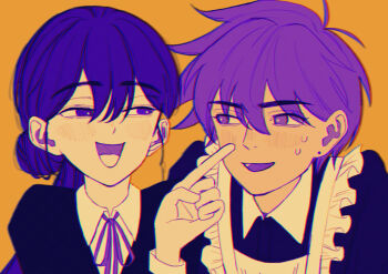 Rule 34 | 1boy, 1girl, alternate costume, alternate hairstyle, antenna hair, blush, butler, collared shirt, commentary request, crossdressing, crossdressing (ftm), dark-skinned male, dark skin, enmaided, female butler, hair behind ear, hero (faraway) (omori), hero (omori), index finger raised, limited palette, long hair, long sleeves, low ponytail, maid, mari (faraway) (omori), mari (omori), msdnno kabe, omori, open mouth, pointing, pointing at another, ponytail, purple eyes, purple hair, shirt, short hair, smile, smug, sweat