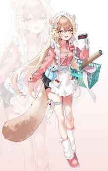 1girl absurdres animal_ear_fluff animal_ears apron bag bandage_on_knee bandaid bandaid_on_leg barcode_scanner black_shorts black_skirt blonde_hair blue_bag blue_bow bow brown_eyes brown_hair commentary fang ferret ferret_ears ferret_girl ferret_tail full_body gradient_background hair_ornament hairclip ham99luv handbag heart heart_hair_ornament heart_o-ring highres holding holding_barcode_scanner jacket jersey_maid long_hair loose_socks maid maid_apron maid_headdress multicolored_hair o-ring o-ring_thigh_strap open_mouth original parallel_hairclips pink_background pink_jacket pink_shoes pleated_skirt pom_pom_(clothes) pouch receipt red_bow shoes shopping_basket short_shorts shorts skin_fang skirt socks symbol-only_commentary test_tube thick_eyebrows thigh_pouch thigh_strap track_jacket unconventional_maid very_long_hair white_apron white_background white_bow yellow_bow zoom_layer
