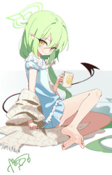 1girl barefoot blue_archive blue_dress closed_mouth cup dan_nako dress drinking_glass feet from_side full_body green_hair green_halo hair_ornament hair_scrunchie halo highres holding holding_cup long_hair looking_at_viewer nozomi_(blue_archive) pointy_ears scrunchie short_sleeves simple_background sitting solo white_background yellow_eyes