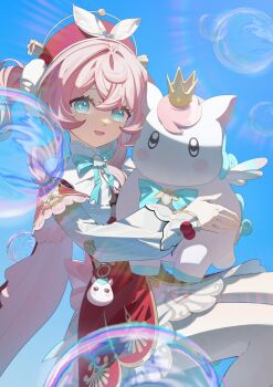 Rule 34 | 1girl, absurdres, animal, aqua bow, aqua bowtie, aqua eyes, beibeishanfeng, blue sky, bow, bowtie, bubble, crown, dress, drill hair, feet out of frame, floating, hat, highres, holding, holding animal, honkai: star rail, honkai (series), hyacine (honkai: star rail), little ica (honkai: star rail), long sleeves, looking at viewer, mini crown, open mouth, outdoors, pantyhose, pegasus, pink hair, rainbow, red dress, red hat, sidelocks, sky, smile, solo, twin drills, white pantyhose