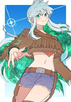 1girl bead_bracelet beads belt belt_buckle blue_sky border bracelet breasts brown_belt buckle colored_inner_hair commentary cowboy_shot denim denim_shorts fate/grand_order fate_(series) green_eyes green_hair highres i_i_ranting jewelry kukulkan_(fate) kukulkan_(first_ascension)_(fate) long_hair looking_at_viewer mexican_clothes midriff multicolored_hair navel outside_border reaching reaching_towards_viewer short_shorts shorts sky smile solo symbol-only_commentary underboob very_long_hair white_border white_hair