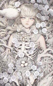 1girl absurdly_detailed_composition animal bird bird_nest bird_request blonde_hair body_horror bone bow commentary_request egg flower grey_eyes highres jewelry long_hair looking_at_viewer lying minami_(minami373916) necklace nest on_back original pale_skin parted_lips pearl_necklace pendant plant_roots skeleton snake solo white_bird white_flower white_snake white_theme