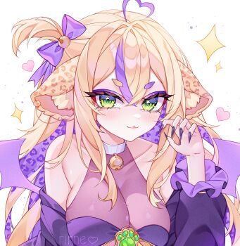 Rule 34 | 1girl, absurdres, ahoge, animal ear fluff, animal ears, artist name, bell, blonde hair, bow, breasts, closed mouth, collarbone, colored inner hair, commission, fingernails, green eyes, hair bow, heart, heart ahoge, highres, indie virtual youtuber, leopard ears, leopard girl, multicolored hair, neck bell, paw in eye, paw print, purple bow, purple hair, rinne (rinne oi), romany hunh, see-through cleavage, see-through clothes, sharp fingernails, solo, streaked hair, upper body