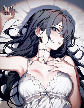 absurdres black_hair black_nails blue_eyes blush bow breasts camisole cut-here_line dotted_line earrings hand_on_own_chest head_tilt highres jewelry long_hair looking_at_viewer lying mole mole_under_eye mole_under_mouth multicolored_nails neck_tattoo on_back on_bed one_eye_covered original sigta small_breasts tattoo white_camisole