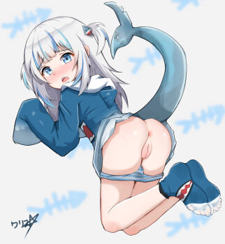 1girl absurdres anus ass blue_eyes blue_hair blue_hoodie blue_panties blue_socks blunt_bangs blurry blurry_background blush boppin cleft_of_venus fat_mons feet female_focus fins fish_tail from_behind full_body gawr_gura gawr_gura_(1st_costume) hair_ornament highres hololive hololive_english hood hoodie legs legs_together loli long_hair looking_at_viewer looking_back multicolored_hair no_shoes open_mouth panties pussy shark_girl shark_tail sharp_teeth shiny_skin sidelocks signature socks soles solo spread_toes streaked_hair striped_clothes striped_panties tail teeth thighs toes two_side_up uncensored underwear upper_teeth_only virtual_youtuber white_panties