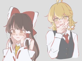 2girls @_@ ahoge ascot black_vest blonde_hair blush bow braid brown_eyes brown_hair carin_(c_arin1012) collared_shirt commentary_request detached_sleeves flying_sweatdrops frilled_bow frilled_hair_tubes frills hair_bow hair_tubes hakurei_reimu hands_on_own_cheeks hands_on_own_face kirisame_marisa long_hair long_sleeves multiple_girls no_headwear open_mouth red_bow ribbon-trimmed_sleeves ribbon_trim shirt side_braid single_braid smile touhou vest white_bow white_shirt yellow_ascot yellow_eyes yuri