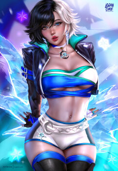 1girl absurdres artist_name asymmetrical_gloves bandeau black_hair black_thighhighs blue_eyes breasts cropped_jacket fingerless_gloves gloves heterochromia highres ice jacket large_breasts lips logan_cure looking_at_viewer luna_snow marvel marvel_rivals micro_shorts mismatched_gloves multicolored_hair navel open_clothes open_jacket orange_eyes pendant_choker short_hair shorts sitting split-color_hair thighhighs two-tone_hair two-tone_thighhighs white_hair