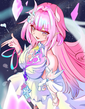1girl absurdres bare_shoulders breasts commentary_request crystal_shards cyrene_(honkai:_star_rail) cyrene_(ripples_of_past_reverie)_(honkai:_star_rail) diamond-shaped_pupils diamond_(shape) dress highres honkai:_star_rail honkai_(series) jonerbin2_42 large_breasts long_hair open_mouth pink_hair pink_nails pointy_ears purple_eyes sky solo star_(sky) starry_sky symbol-shaped_pupils very_long_hair white_dress