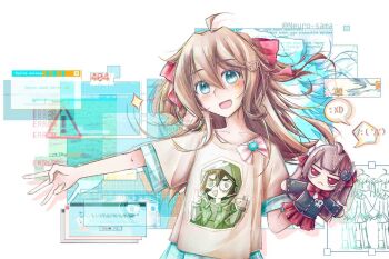 1girl :< :d @_(symbol) ahoge alternate_costume binary black_cardigan black_hair blue_eyes blue_skirt blush bow broken_heart broken_heart_hair_ornament brown_hair brown_shirt cardigan character_doll cloak collarbone coloratura1013 commentary cowboy_shot doll drawing_(object) english_commentary error_message evil_neuro-sama finger_counting floating_hair glitch green_cloak green_eyes green_hoodie hair_ornament hair_ribbon hand_puppet heart heart_hair_ornament hexagon_print highres hood hood_up hoodie jitome long_hair long_sleeves looking_at_viewer neuro-sama open_mouth pink_bow plaid_clothes plaid_skirt puppet red_hair red_ribbon red_skirt ribbon shirt shirt_bow short_hair short_sleeves sign skirt sleeve_cuffs smile sparkle speech_bubble thumbs_up two_side_up v-shaped_eyebrows vedal987 vedal_ai w warning_sign white_background