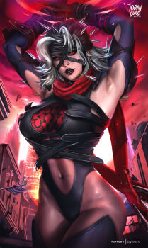 1girl absurdres arms_up artist_name bandaged_head bandages black_leotard black_lips black_sclera black_thighhighs bodystocking breasts city colored_sclera fantastic_four grey_hair highres large_breasts leotard logan_cure looking_at_viewer malice_(sue_storm) marvel marvel_rivals pauldrons red_eyes red_scarf scarf solo spiked_helmet spiked_pauldrons spikes sue_storm thighhighs thong_leotard