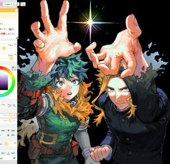 2boys all_might art_program_in_frame bh20647 blonde_hair boku_no_hero_academia green_hair highres landscape long_hair male_focus midoriya_izuku multiple_boys scarf school_uniform spiked_hair superhero_costume teacher_and_student