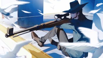 1boy aiming asam beard bird black_pants blue_jacket brown_shoes dove facial_hair fedora formal_clothes from_behind gun hat hat_over_eyes jacket jigen_daisuke looking_through_scope lupin_iii male_focus medium_hair on_floor pants rifle shoes sitting sniper_rifle weapon