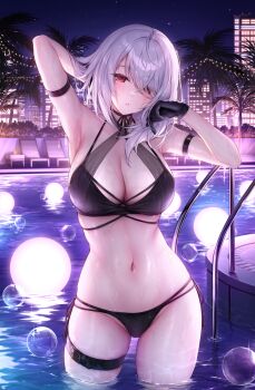1girl air_bubble arm_behind_head arm_strap armpits belt bikini black_bikini black_gloves blush breasts bubble cleavage eyes_visible_through_hair gloves grey_hair hair_over_one_eye highres large_breasts lenne_(oyuwari) long_hair looking_at_viewer navel night original outdoors oyuwari parted_lips red_eyes sky solo standing stomach swimsuit thigh_belt thigh_strap water wet