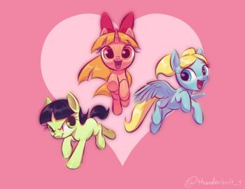 :d animalization artist_name blonde_hair blossom_(ppg) blue_eyes bubbles_(ppg) buttercup_(ppg) green_eyes heart my_little_pony my_little_pony:_friendship_is_magic open_mouth pink_background pony_(animal) powerpuff_girls red_eyes smile tttthunderbolt wings
