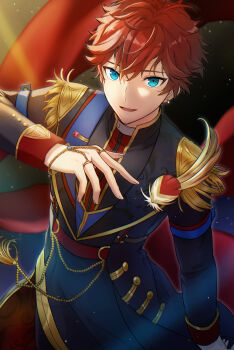 Rule 34 | 1boy, amagi hiiro, belt, black background, black jacket, black pants, black shirt, blue eyes, blue gem, buttons, chain, commentary request, cowboy shot, curtains, earrings, ensemble stars!, epaulettes, feathers, fingernails, gem, gold chain, gold earrings, gold ring, gold trim, hair between eyes, hand up, highres, jacket, jewelry, lapels, long sleeves, looking at viewer, male focus, multiple rings, open mouth, pants, pink gem, red belt, red hair, red jacket, red vest, ring, rune (rne at), shirt, short hair, single earring, smile, solo, stage lights, standing, tassel, tongue, two-sided fabric, two-sided jacket, vest, yellow feathers