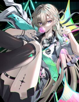 1girl absurdres black_nails black_skirt black_socks blonde_hair blowing_bubble_gum braid braided_bangs chewing_gum chromatic_aberration commentary earrings fingernails hair_between_eyes hair_ornament hand_up hashtag-only_commentary headphones headphones_around_neck high-waist_skirt highres id_card jacket jewelry long_hair looking_at_viewer lynae_(wuthering_waves) o-ring o-ring_thigh_strap purple_eyes rin0_(gujrv) shirt shirt_tucked_in skirt skull_hair_ornament socks solo star_(symbol) star_earrings tacet_mark_(wuthering_waves) thigh_strap very_long_hair white_jacket white_shirt wuthering_waves