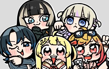 Rule 34 | 5girls, :3, ahoge, bkub, black hair, blonde hair, blue eyes, blue hair, clenched hand, cup, eyewear on head, fortissimo, hair ornament, hiodoshi ao, hiodoshi ao (1st costume), holding, holding cup, hololive, hololive dev is, ichijou ririka, ichijou ririka (1st costume), juufuutei raden, juufuutei raden (1st costume), mole, mole under mouth, multicolored hair, multiple girls, musical note, musical note hair ornament, one eye closed, one side up, orange hair, otonose kanade, otonose kanade (1st costume), purple eyes, red eyes, regloss (hololive), saliva, todoroki hajime, todoroki hajime (1st costume), two-tone hair, two side up, virtual youtuber