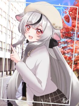 1girl absurdres animal_ears autumn autumn_leaves blue_archive blush grey_hair hat highres kokona_(blue_archive) leaf long_hair looking_at_viewer midori_oekk open_mouth red_eyes smile solo sweater tiger_ears tiger_girl white_hat