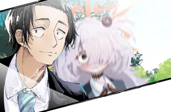 1boy 1girl :&lt; black_eyes black_hair black_suit blue_archive blue_necktie blush bright_pupils brown_eyes brown_ribbon closed_mouth collared_shirt commentary_request day eyeball_hair_ornament formal_clothes grey_hair hair_ornament hair_over_one_eye halo highres kanoe_(blue_archive) long_hair looking_at_viewer motion_blur multicolored_eyes nakamobu neck_ribbon necktie nose one_eye_covered orange_halo outdoors photo_(object) ribbon school_uniform selfie shirt short_hair smile suit surprised textless_version trembling two-tone_eyes upper_body white_pupils white_shirt wide-eyed