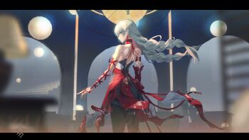 1girl absurdres artist_logo bandaged_arm bandages bare_shoulders black_pantyhose blurry blurry_foreground braid closed_mouth commentary cowboy_shot detached_sleeves dress english_commentary from_behind grey_eyes grey_hair halter_dress halterneck highres indoors letterboxed logo long_hair looking_at_viewer looking_back low_twin_braids multicolored_hair pantyhose phrolova_(wuthering_waves) profile qurami red_dress shoulder_blades sideways_glance single_detached_sleeve solo streaked_hair twin_braids wuthering_waves