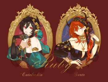 2girls alternate_costume arknights ask_(askzy) bare_shoulders black_choker black_gloves black_hair black_hairband black_shirt bracelet chinese_commentary choker commentary_request entelechia_(arknights) gloves hairband horns jewelry long_sleeves mole mole_under_eye multiple_girls necklace off-shoulder_shirt off_shoulder official_artist_extra purple_eyes red_background red_eyes red_hair ring shirt strapless surtr_(arknights) tube_top