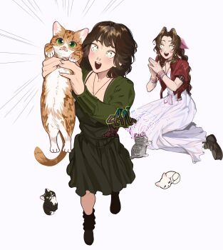 2girls aerith_gainsborough animal animints_art bangle black_boots black_choker boots bracelet braid braided_ponytail brown_boots brown_hair cat choker commission cropped_jacket dress final_fantasy final_fantasy_vii final_fantasy_vii_remake full_body green_dress green_eyes hair_ribbon highres holding holding_animal holding_cat jacket jewelry kneeling light_blush long_dress long_sleeves medium_hair multiple_girls necklace open_mouth orange_cat original own_hands_together parted_bangs pink_dress pink_ribbon puffy_short_sleeves puffy_sleeves real_life red_jacket ribbon short_sleeves sidelocks smile sparkling_eyes tuxedo_cat white_background white_cat