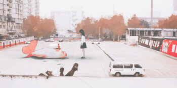 1girl absurdres animal arm_at_side autumn autumn_leaves black_hair black_shoes black_skirt car commentary_request day dead_animal dress from_side full_body giant giantess highres koi lamppost leaf long_hair long_sleeves motor_vehicle original outdoors oversized_animal parking_lot scenery school_uniform shang_zhou shirt shoes skirt sneakers tree urban van white_shirt