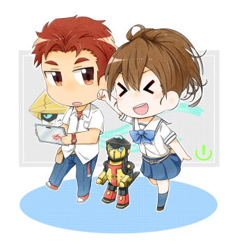 &gt;_&lt; 1boy 1girl blue_bow blue_pants blue_skirt bow brown_eyes brown_hair chest_bow chibi chuo_tanegashima_high_school_uniform closed_eyes commentary_request gunvarrel kidou_battle_gunvarrel kurin_skybell long_hair mecha open_mouth pants pleated_skirt ponytail raised_fist red_hair red_shirt robot robotics;notes school_uniform science_adventure senomiya_akiho shirt shirt_under_shirt short_hair skirt smile t-shirt tanegashimachine-3 white_shirt yashio_kaito