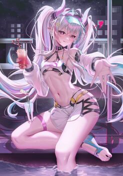1girl absurdres armpits bare_shoulders barefoot belt bikini black_bikini black_choker blue_nails blue_streaks blue_trim blush breasts building chinese_commentary choker closed_mouth collarbone commentary_request crazy_straw criss-cross_straps crossed_bangs cup detached_sleeves drinking_glass drinking_straw feet fingernails floating_hair glint hair_between_eyes heart heart_straw highres holding holding_cup horizontal_pupils horns jetavie:_daybreak_(pgr) jetavie_(pgr) juice kordilia layered_bikini legs licking_lips long_fingernails long_hair long_sleeves looking_at_viewer mechanical_tail medium_breasts mismatched_pupils multicolored_hair nail_polish navel night night_sky official_alternate_costume open_hand outdoors outstretched_arm pink_eyes pink_horns pink_nails pink_streaks pointy_ears pole pool poolside punishing:_gray_raven railing shorts sitting sky soaking_feet solo star_(sky) starry_sky stomach swimsuit symbol-shaped_pupils tail thigh_strap thighs toenail_polish toenails toes tongue tongue_out twintails very_long_hair visor_cap water wet white_hair white_shorts x-shaped_pupils yellow_belt