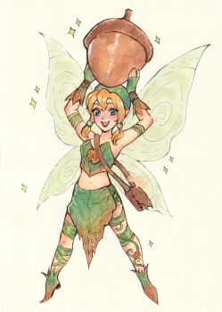 1girl beck_(disney_fairies) blonde_hair blush disney_fairies disney_fairies_(book_series) fairy fairy_wings flower hat highres kuridel long_hair mini_person minigirl open_mouth oversized_object plant_clothing pointy_ears skirt smile solo traditional_media wings