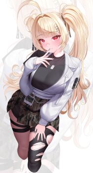 1girl absurdres ahoge belt black_pantyhose black_shirt black_skirt black_thighhighs blonde_hair blunt_bangs blush breasts camouflage finger_to_mouth hair_intakes hair_ornament hair_ribbon hairclip highres jacket jewelry jingburger korean_commentary large_breasts long_hair long_sleeves looking_at_viewer miniskirt necklace open_clothes open_jacket pantyhose pleated_skirt red_eyes ribbon ring shirt simple_background single_leg_pantyhose single_thighhigh skirt smile solo thigh_strap thighhighs torn_clothes torn_pantyhose torn_thighhighs twintails very_long_hair virtual_youtuber waktaverse white_background white_jacket yeon_do_e