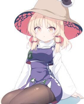 1girl absurdres animal_print black_pantyhose blonde_hair blunt_ends breasts brown_hat closed_mouth commentary_request cropped_vest darumoon fingernails frog_print hair_ribbon hat high-waist_skirt highres long_sleeves looking_at_viewer medium_breasts miniskirt moriya_suwako pantyhose parted_bangs purple_skirt purple_vest ribbon shirt simple_background sitting skirt skirt_set solo thighs touhou tress_ribbon turtleneck two-sided_fabric vest white_background white_shirt wide_sleeves yellow_eyes