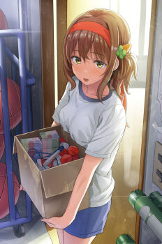 1girl backlighting ball basketball_(object) blue_shorts blush box breast_rest breasts brown_hair cardboard_box carried_breast_rest carrot_hair_ornament carrying commentary_request doorway double-parted_bangs floor food-themed_hair_ornament gym_shirt gym_storeroom gym_uniform hair_between_eyes hair_ornament hairband headband highres indoors jump_rope light_particles looking_at_viewer medium_hair one_side_up open_mouth original red_hairband red_headband revision shirt short_sleeves shorts smile solo standing t-shirt white_shirt window yellow_eyes yoropa
