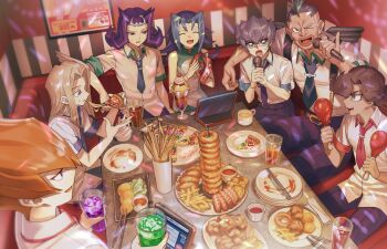 1girl 6+boys blonde_hair blue_hair character_request commentary_request donut food glass group_picture highres holding holding_food holding_pizza kamishiro_rio kamishiro_ryouga karaoke long_hair medium_hair moemoenomori multiple_boys orange_hair pizza purple_hair school_uniform shirt short_hair white_shirt yu-gi-oh! yu-gi-oh!_zexal
