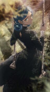 1girl absurdres black_dress blue_hair commentary_request dark-skinned_female dark_skin dress grass green_eyes gundam gundam_gquuuuuux highres lalah_sune long_dress looking_at_viewer looking_back on_swing outdoors parted_lips renoahh solo swing watermark