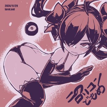 1girl ahoge all_fours ass backbeako_(torotei) backbeard blush bra breasts commentary dated dated_commentary dutch_angle elbow_gloves flat_chest from_side gegege_no_kitarou gloves hair_over_one_eye hair_ribbon heart heart-shaped_pupils kono_lolicon_domome light_frown loli long_hair looking_at_viewer looking_to_the_side monochrome one_eye_closed original paid_reward_available panties pear-shaped_figure pointy_ears red_background ribbon simple_background small_breasts solo sweat symbol-shaped_pupils thick_thighs thighhighs thighs top-down_bottom-up torotei twintails underwear watermark web_address