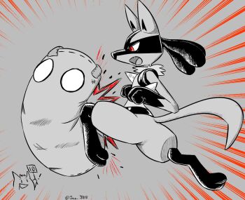 1boy animal_ears animal_feet artist_name body_fur doodle_inset emphasis_lines fang from_side full_body furry furry_male gen_1_pokemon gen_4_pokemon gengar grey_background grey_theme greyscale hands_up j.jama jumping kneeing leg_up lucario male_focus monochrome nintendo o_o open_mouth pokemon pokemon_(creature) profile red_eyes sandbag_(smash_bros) signature snout spikes spot_color super_smash_bros. tail twitter_username wolf_boy wolf_ears wolf_tail