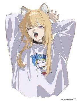 1girl animal_ear_piercing animal_ears arms_behind_head arms_up artist_logo black_choker blonde_hair choker cropped_torso dog_ears dog_girl hashtag-only_commentary highres kmnz lita_(kmnz) logo long_hair one_eye_closed open_mouth purple_eyes simple_background solo sweater twitter_username virtual_youtuber white_background white_sweater y_(user_kjgm5733) yawning