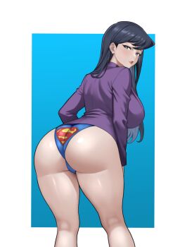 Rule 34 | 1girl, absurdres, ass, black hair, blue panties, blush, breasts, commission, dc comics, earrings, feet out of frame, from behind, highres, jacket, jewelry, large breasts, lois lane, looking at viewer, looking back, panties, pearl earrings, print panties, purple jacket, superman: the animated series, superman (series), superman logo, thighs, tsu.toxine, underwear, white background