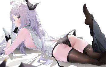 1girl absurdres ahoge ass bare_arms black_gloves black_horns black_panties black_skirt black_thighhighs black_wings blue_archive blush braid breasts clothes_pull demon_girl demon_horns demon_wings feet feet_up gloves half-closed_eyes half_gloves halo highres hina_(blue_archive) holding holding_paper horns inu_lin lace lace_panties loli long_hair looking_at_viewer low_wings on_bed panties paper purple_eyes shirt side_braid simple_background skirt skirt_around_one_leg skirt_pull sleeveless sleeveless_shirt small_breasts soles solo thighhighs thighs toes underwear very_long_hair white_background white_hair white_shirt wings zettai_ryouiki